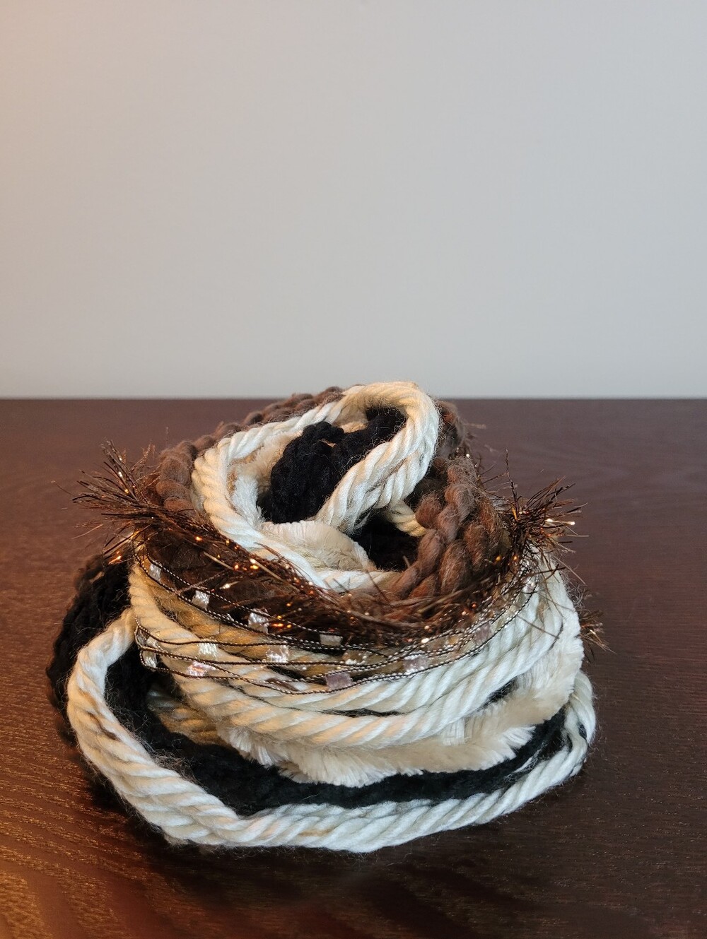 Multi-Texture Decorative Yarn Accent in Cream, Black & Brown